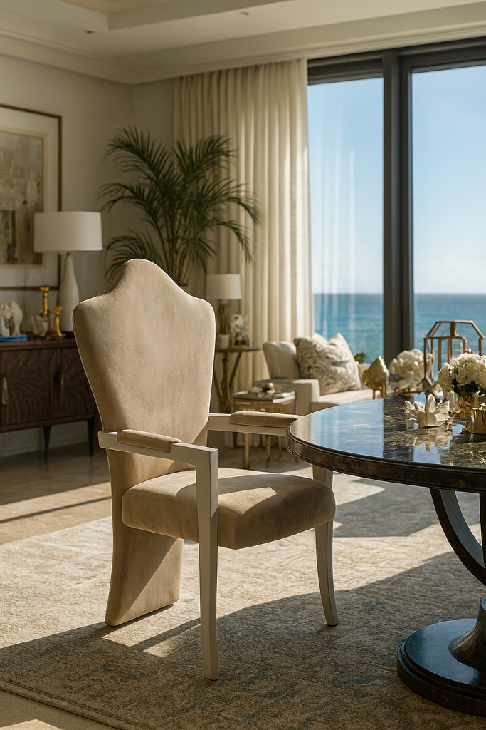 Cream upholstered Themis Dining Chair with white wooden arms showcasing elegant upholstery material