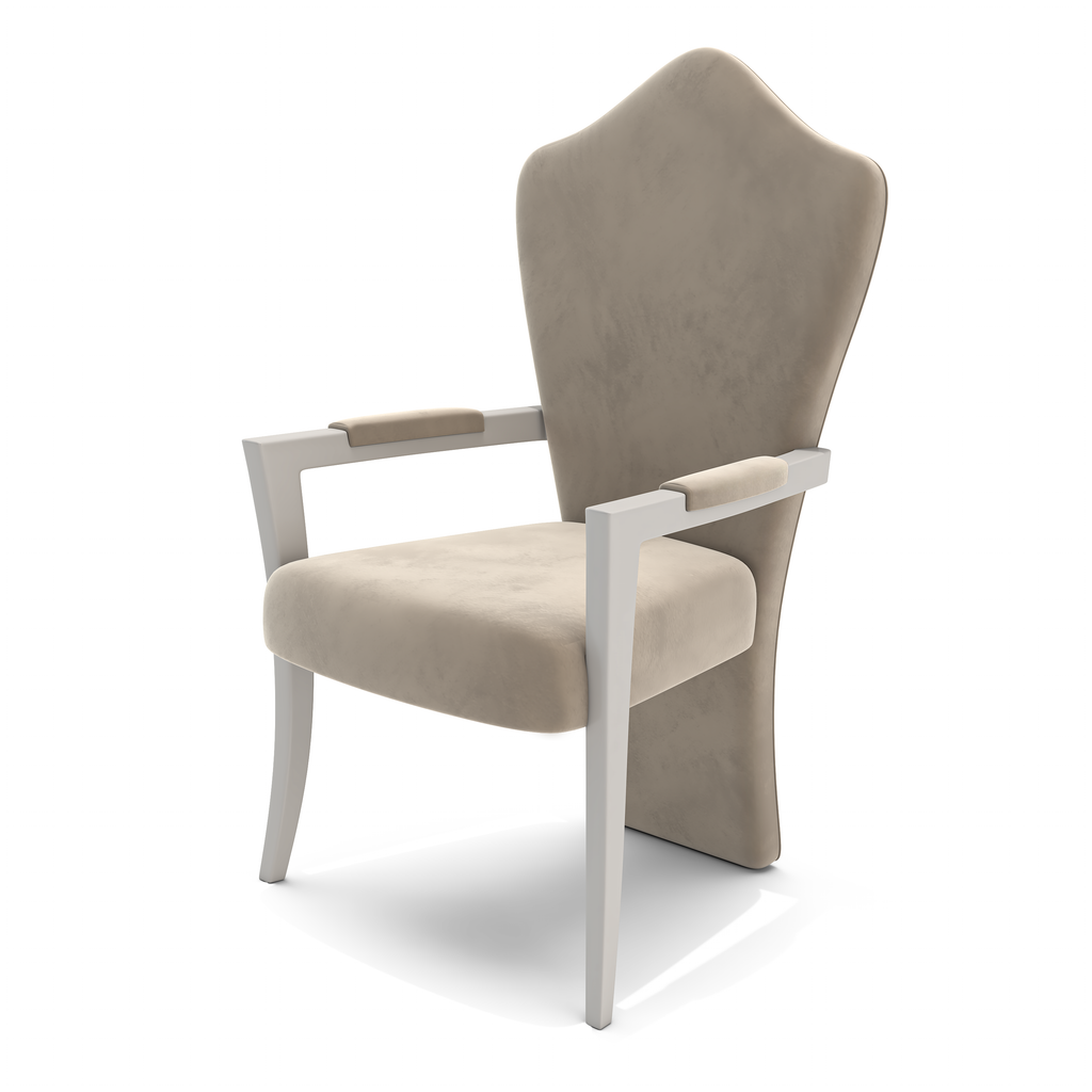 Elegant beige upholstery on Themis Dining Chair with white wooden arms and legs