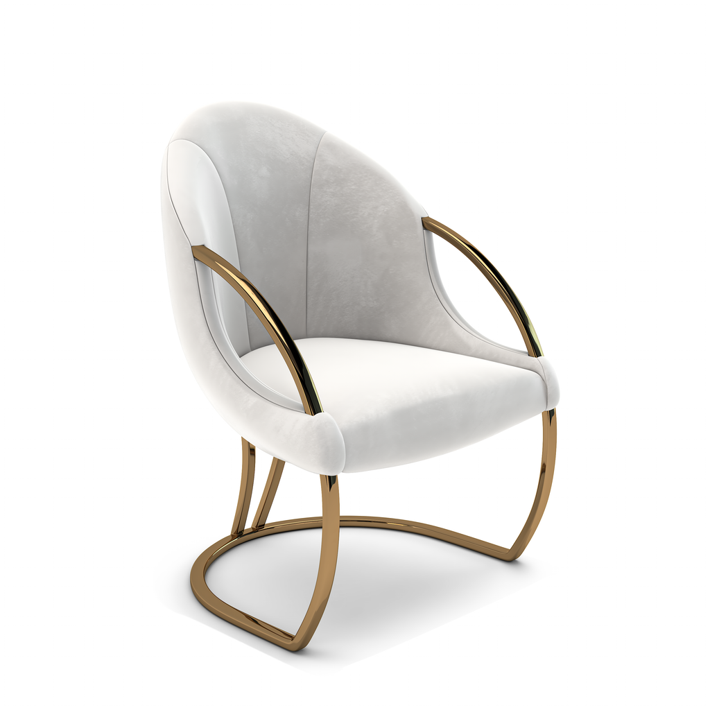 Aether Dining Chair with white velvet upholstery and gold metal frame