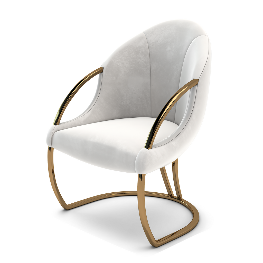 White velvet upholstery on the Aether Dining Chair with gold-finished metal arms and base