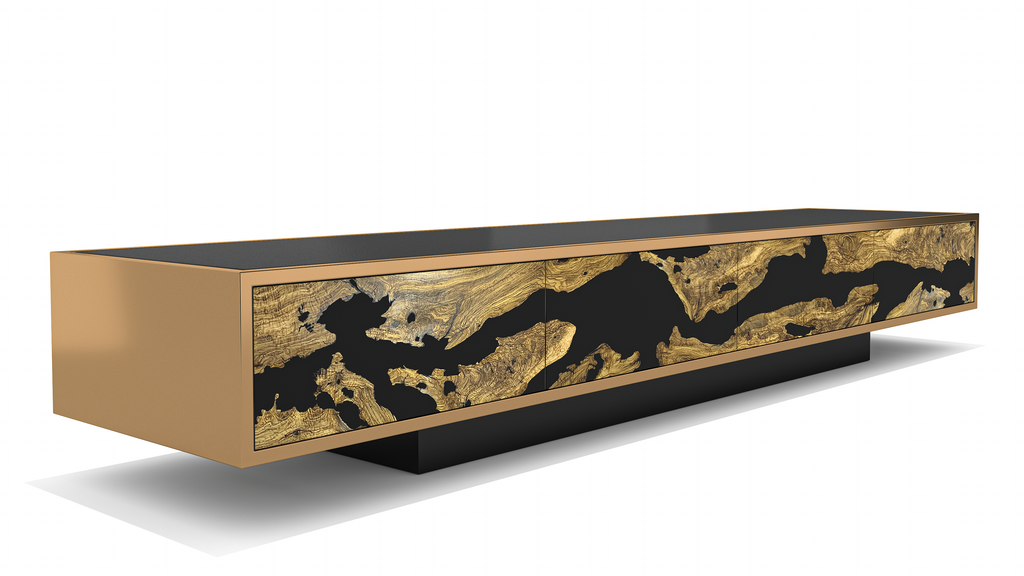 Auren TV Unit with lacquered wood finish, gold-toned frame, and organic golden patterns