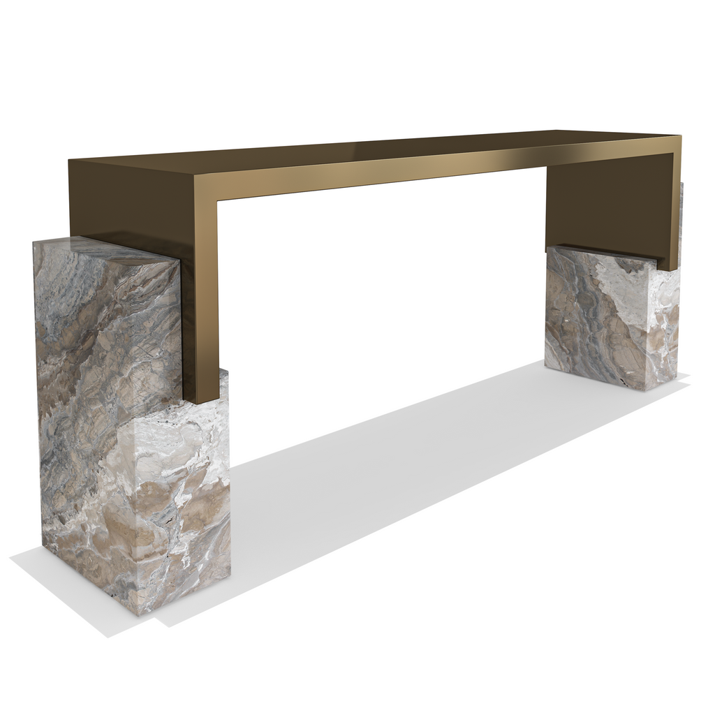Calypso Metal Resin Console with bronze frame and marble bases for stylish decor