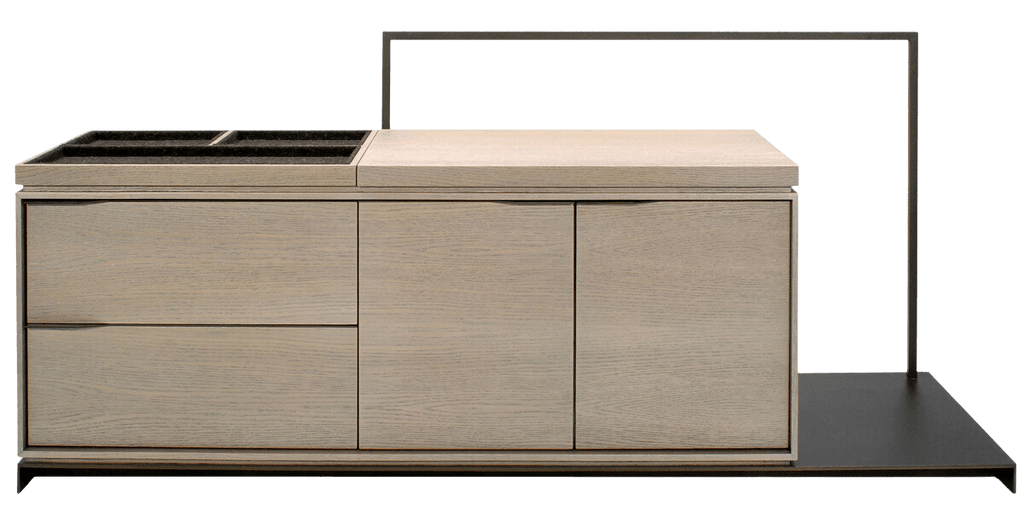 Light-colored wooden York Valet dresser with drawers, cabinet doors, and compartmentalized storage
