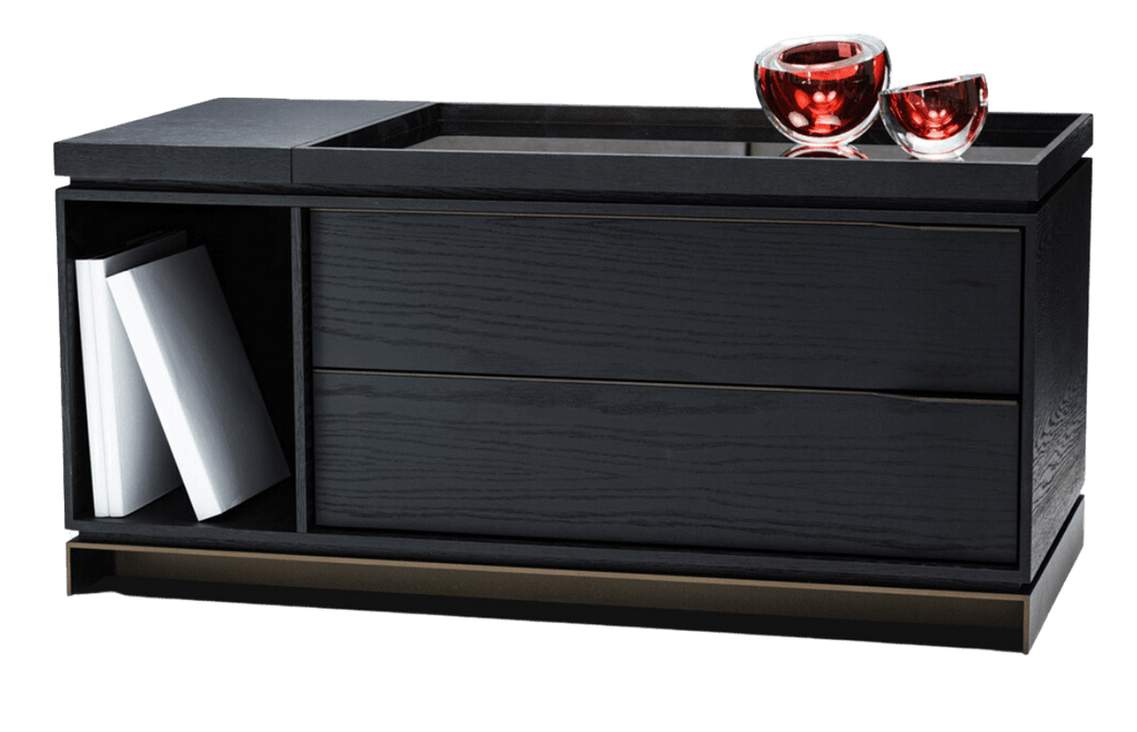 York Nightstand black wooden console table with drawers open shelf and glass vessels