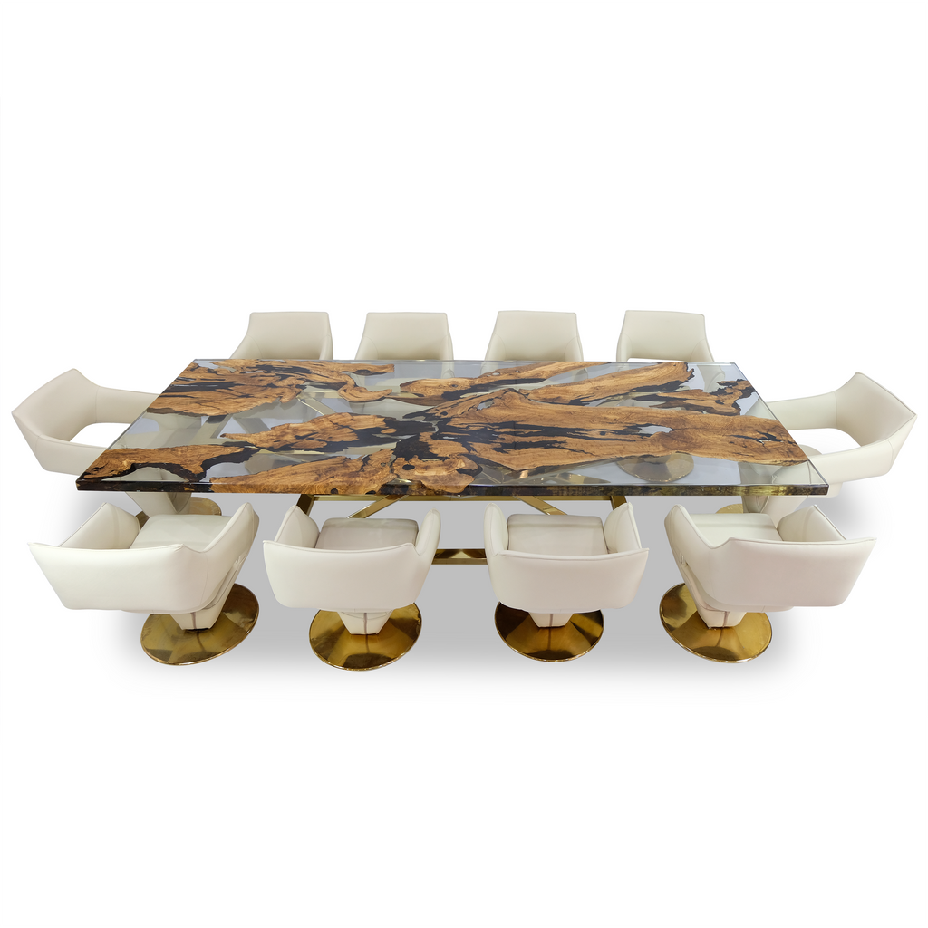 Abruzzo Olive Dining Table from Arditi Collection with glass top and cream upholstered chairs