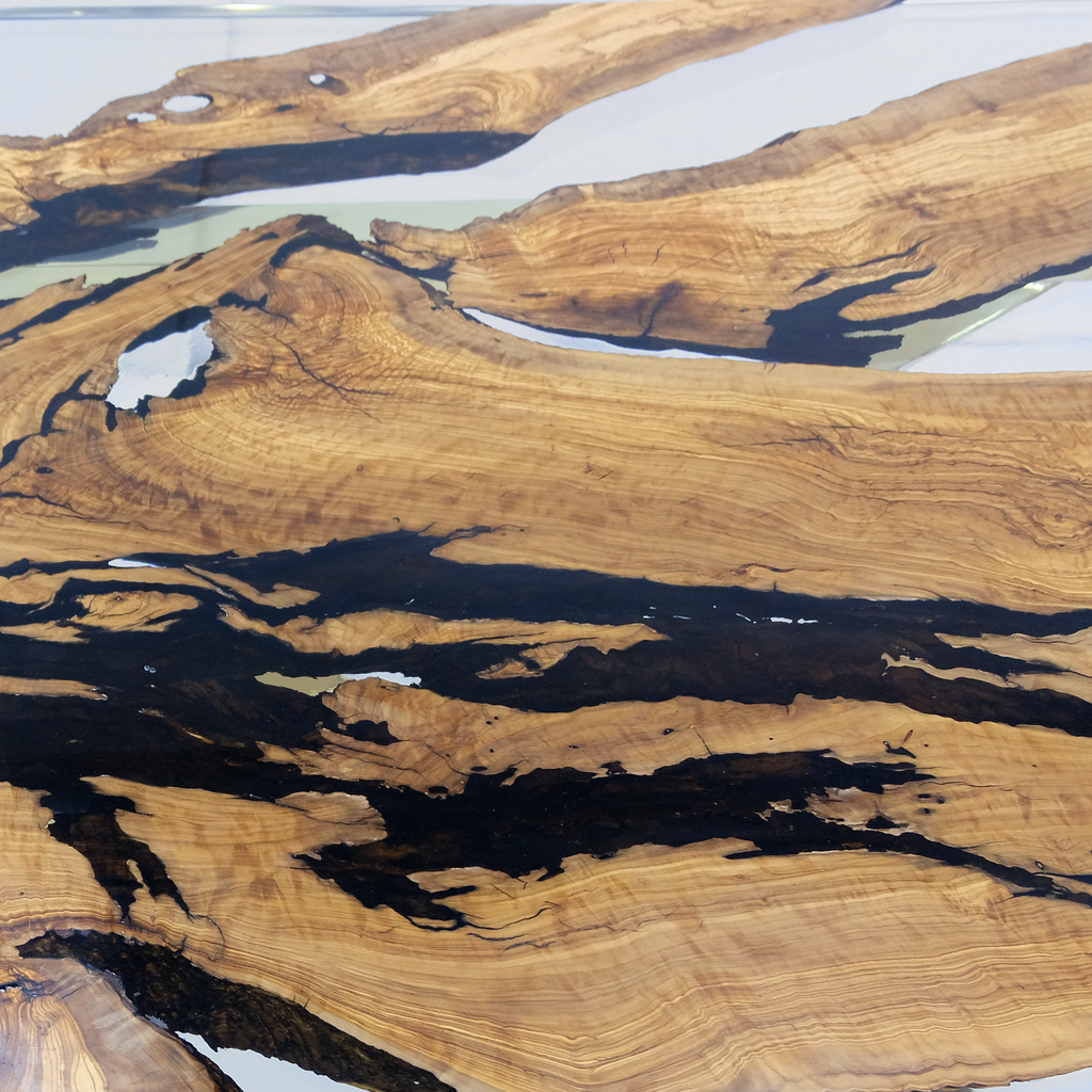 Abruzzo Olive Dining Table from Arditi Collection with dark resin river centerpiece