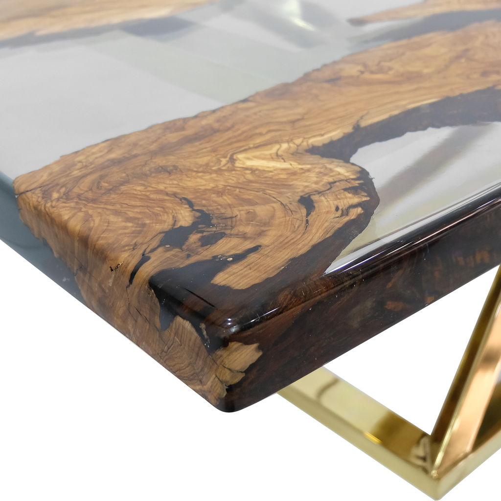 Abruzzo Olive Dining Table from Arditi Collection with natural wood slab and gold base