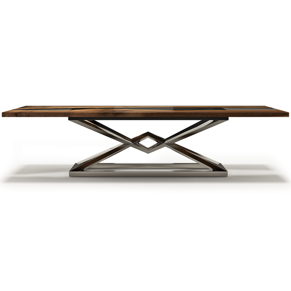 Abruzzo Walnut Dining Table with rectangular wooden top and polished metal X base