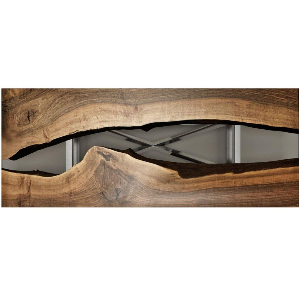 Abruzzo Walnut Dining Table with live-edge wood, resin river, and X-shaped metal supports