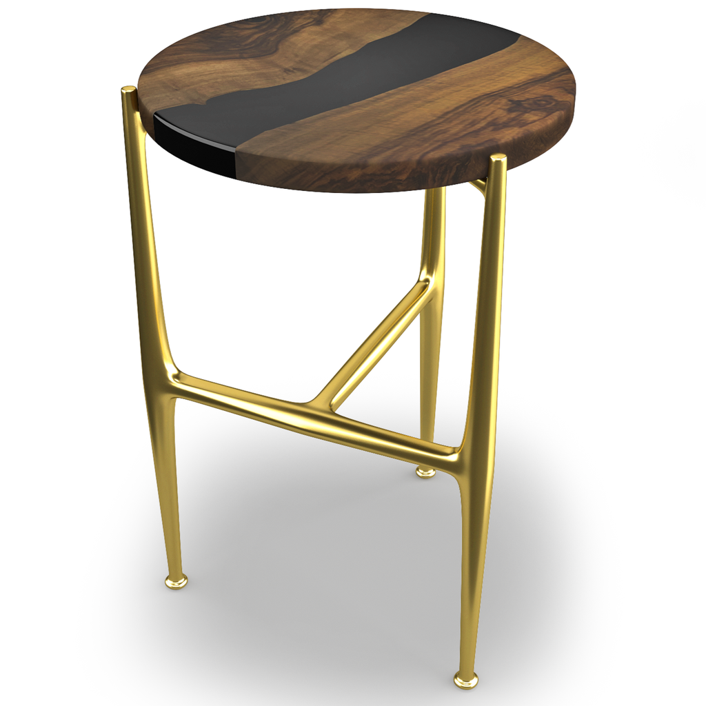 Akhiroe Walnut Wood End Table with round wood top, black resin accents, and gold metal legs