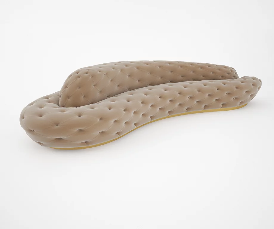 Allure Sofa featuring a long curved bumpy beige-brown upholstered design