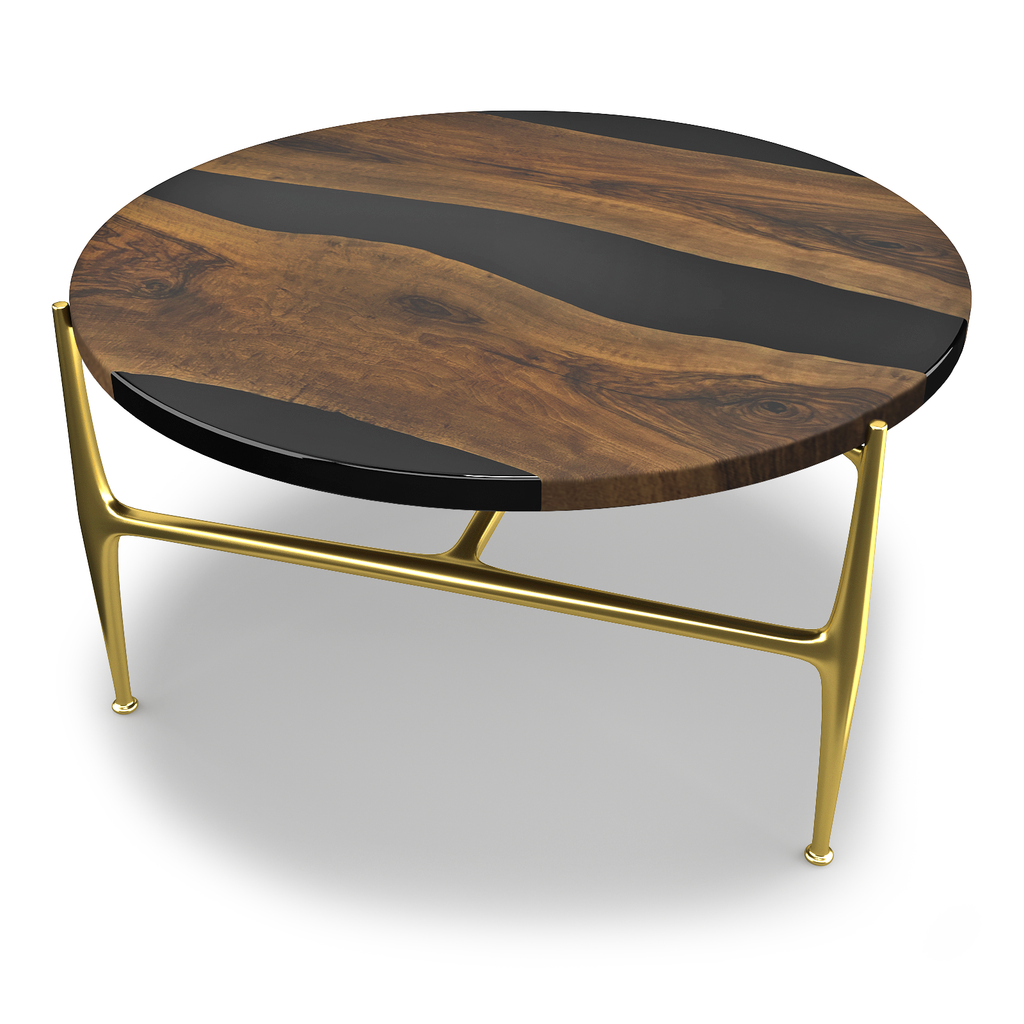 Althaia Walnut Coffee Table with dark wood and black resin top with gold metal legs