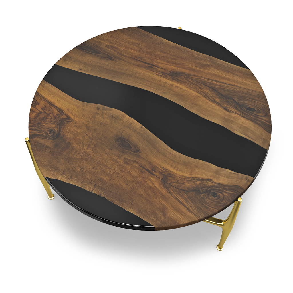 Althaia Walnut Coffee Table with live edge wood top and gold metal legs