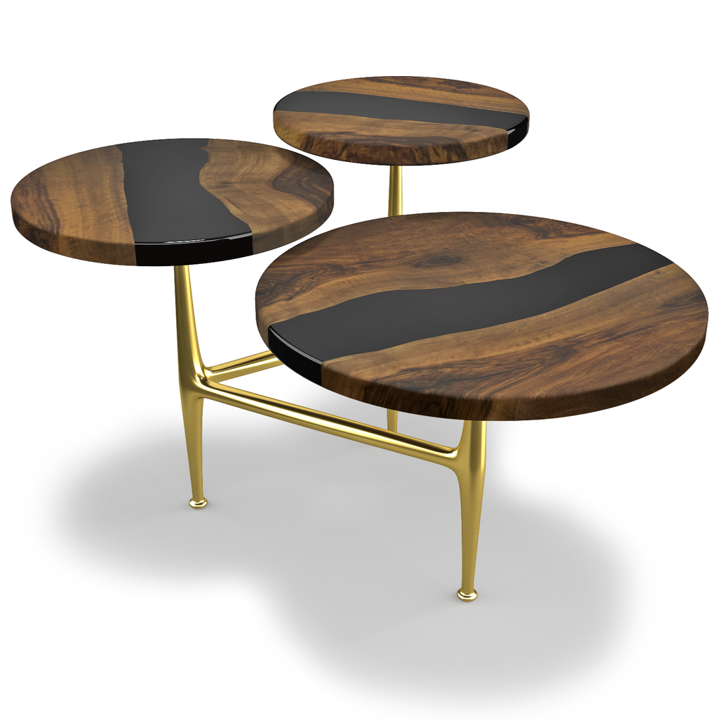 Althaia Walnut Wood Triple Coffee Table with round tops, black resin inlays, gold legs