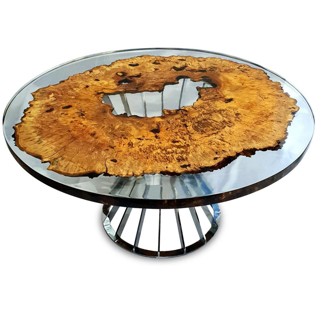 Amiata Ash Wood Round Dining Table with live-edge wood slab and epoxy resin tabletop