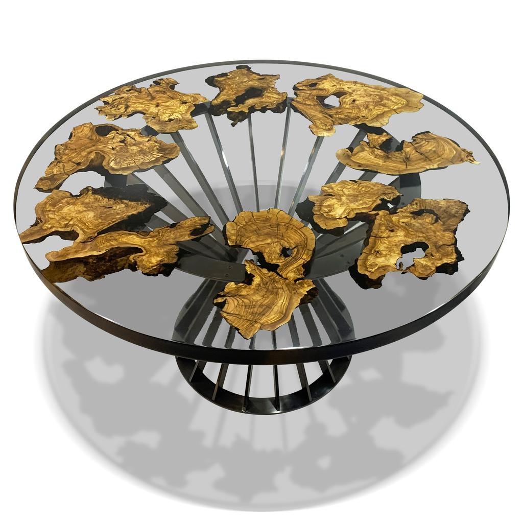 Amiata Olive Wood Round Dining Table with golden wood slices and black base