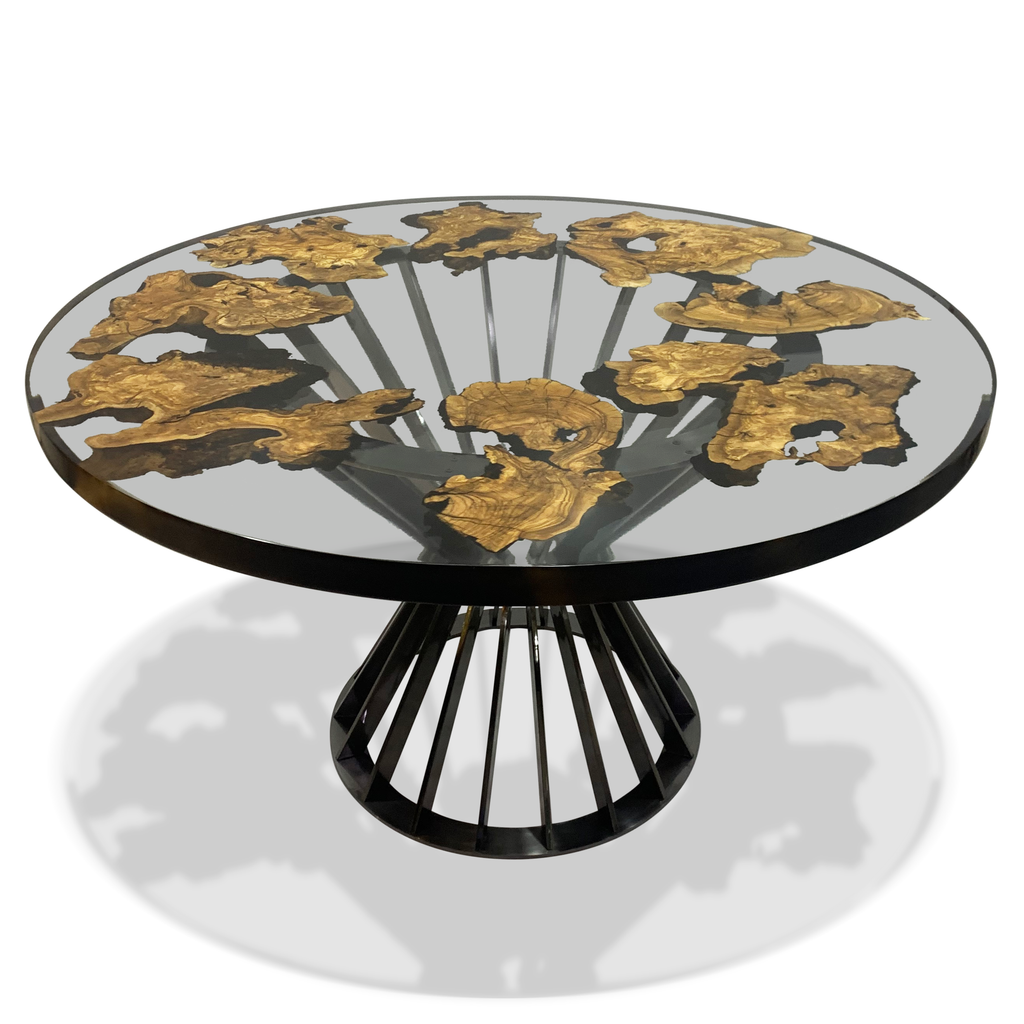 Amiata Olive Wood Round Dining Table with glass top and black metal base