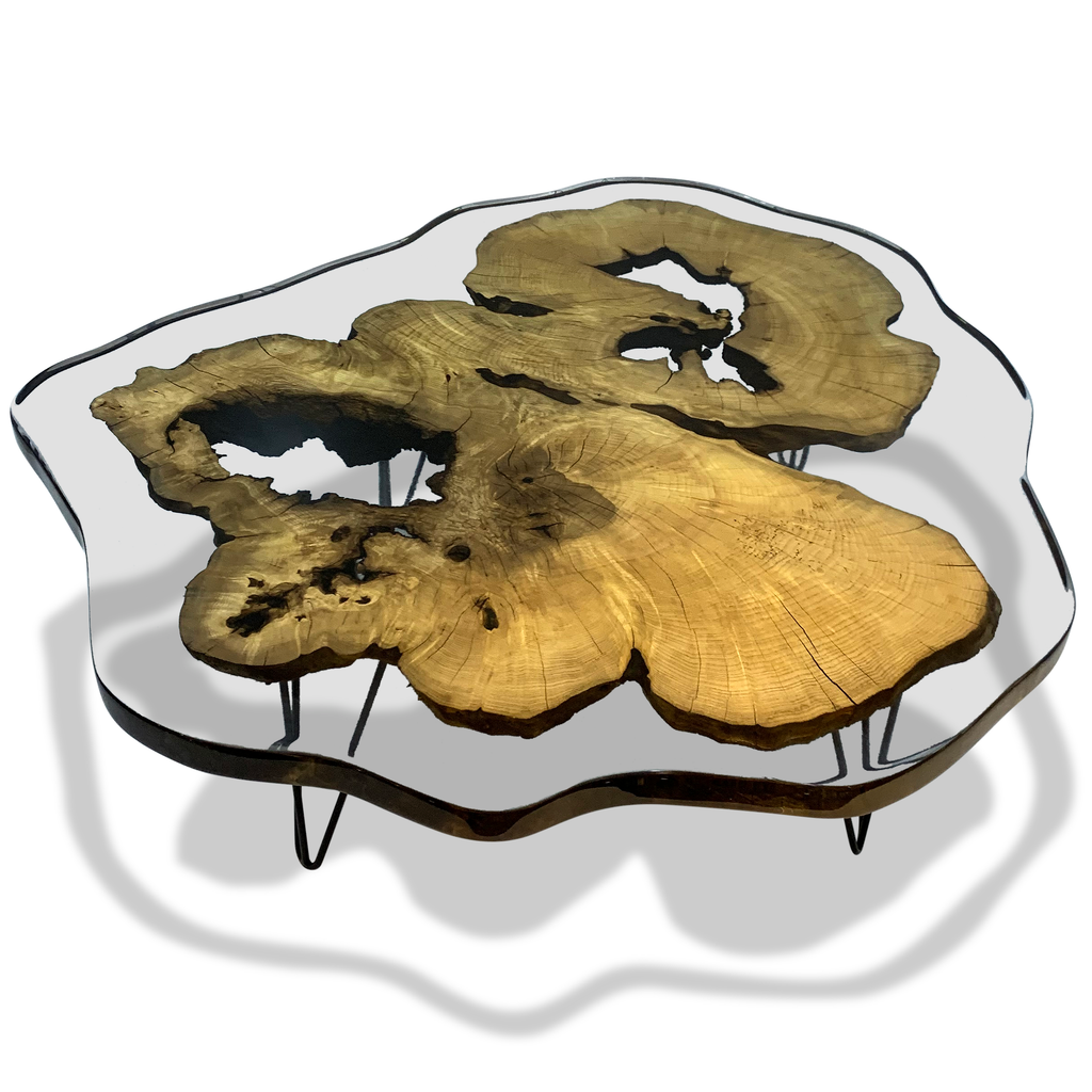 Amorphous Hollow Ashwood Coffee Table with live edge wood slab, resin top, and hairpin legs