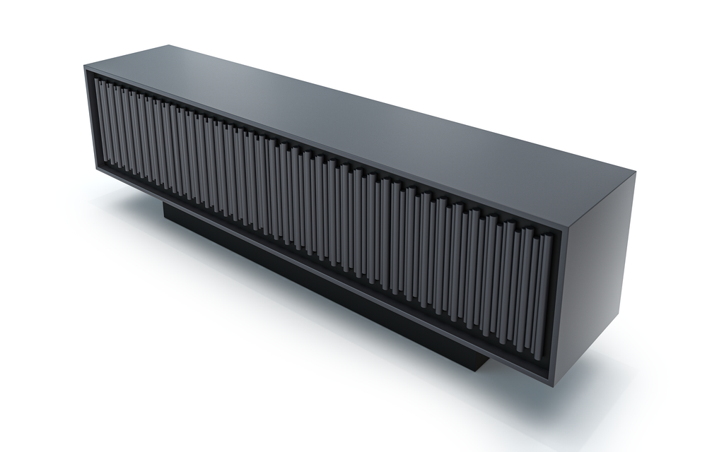 Matte black lacquered Agathon Credenza with long rectangular black lacquered wood cabinet and slatted facade