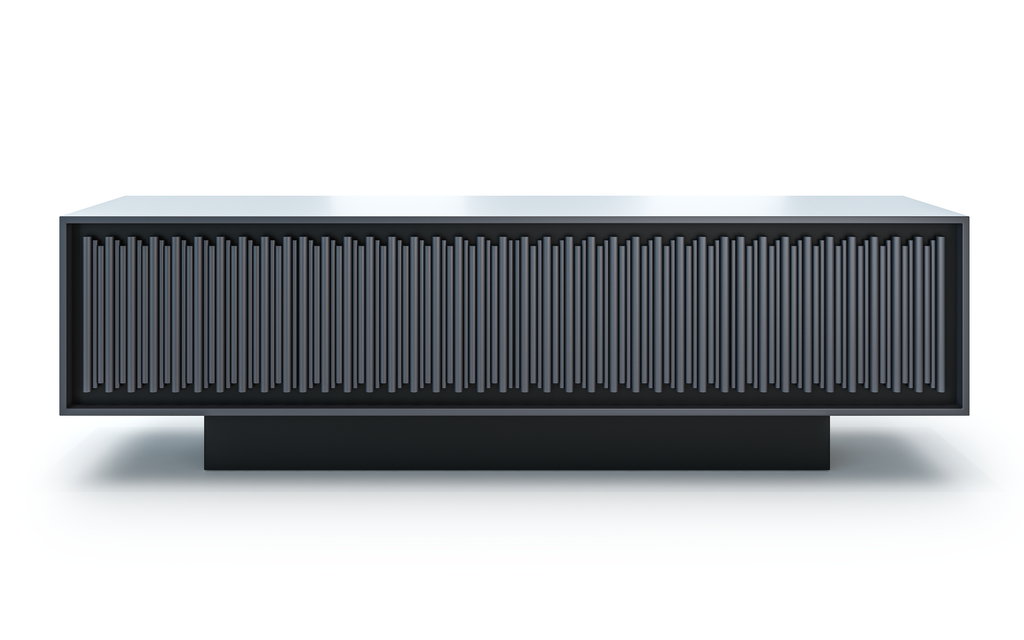 Modern Agathon Credenza in matte black lacquered wood with slatted front design