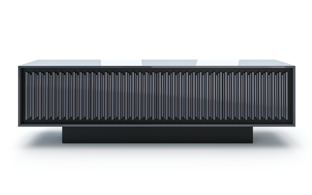 Modern black console table with slatted facade in matte black lacquered wood for Agathon Credenza