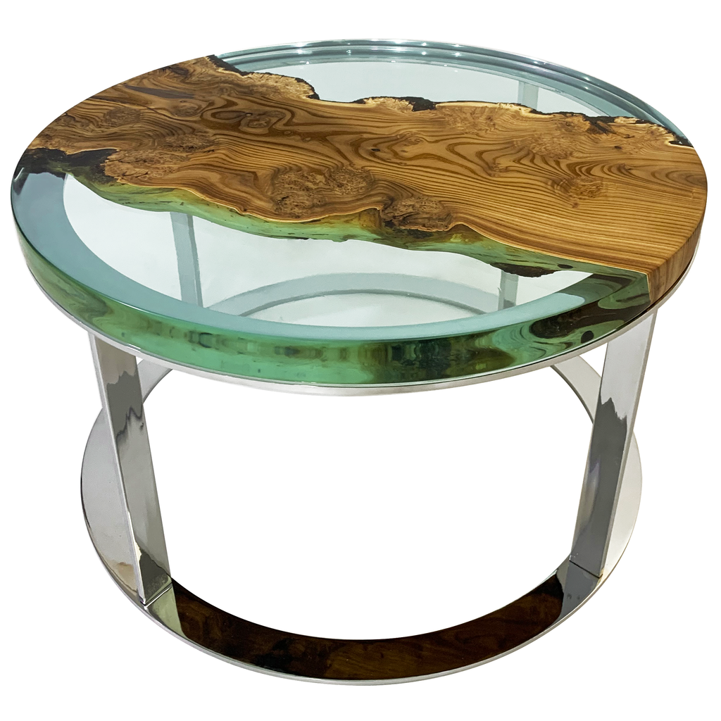 Aquamarine Dodona Silverberry Coffee Table with glass top and live-edge wood slab