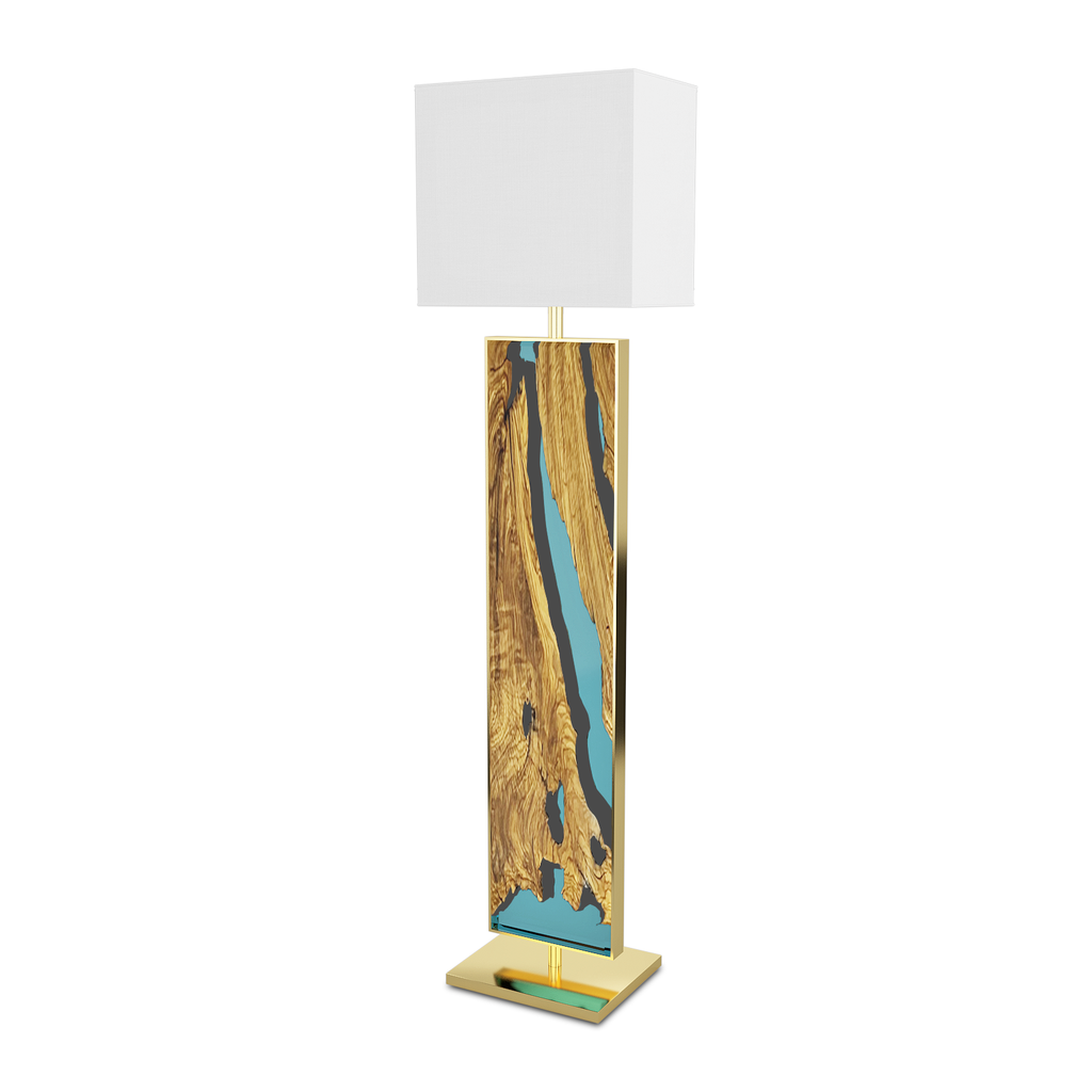 Aquamarine Menthe Floor Lamp with body framed light brown wood and blue resin inlay