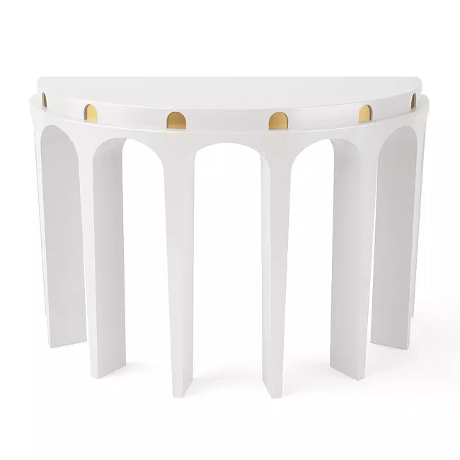White arch demi round coffee table with arched legs and gold accents