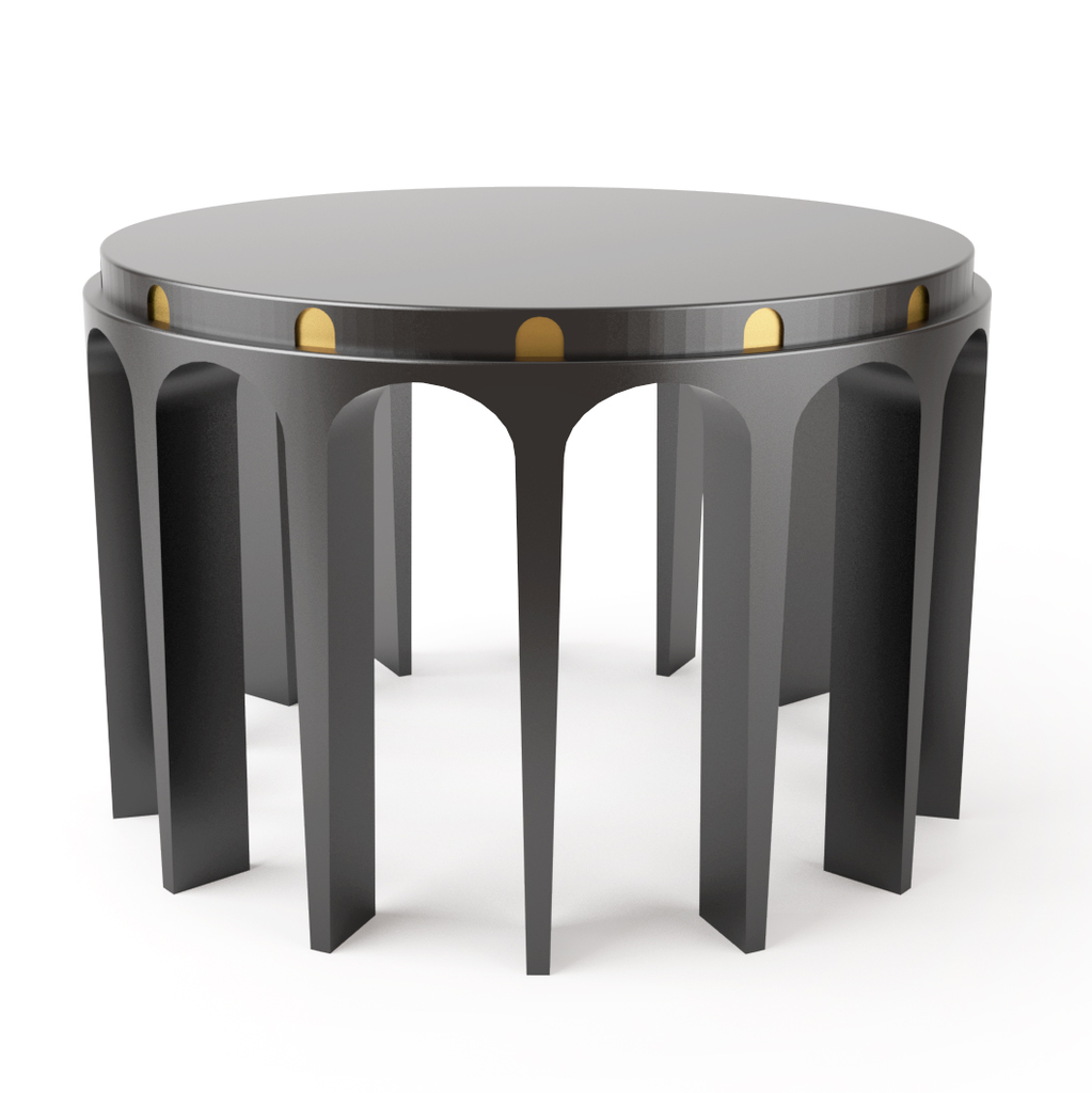 Dark gray Arch Round Coffee Table with golden semi-circular accents and arched legs
