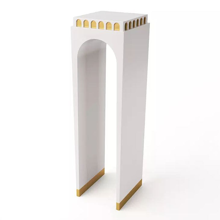 White arch square pedestal with gold accents and arched opening for elegant display