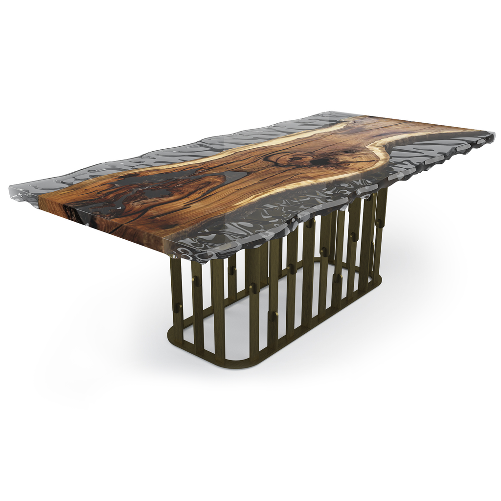 Arion Walnut Wavy Dining Table with live-edge wood and resin top and dark bronze base
