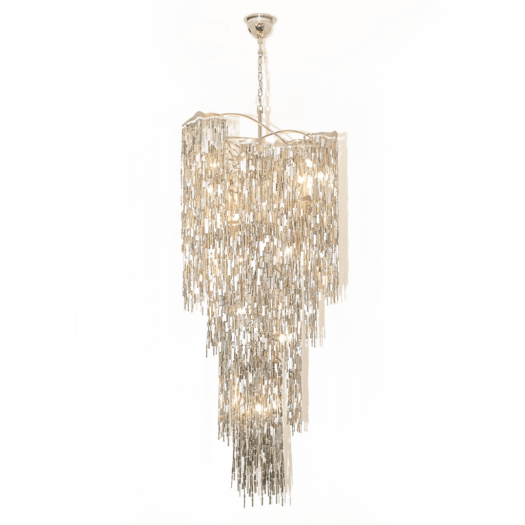 Arthur Chandelier Conical with tiered metallic rods creating a modern waterfall effect
