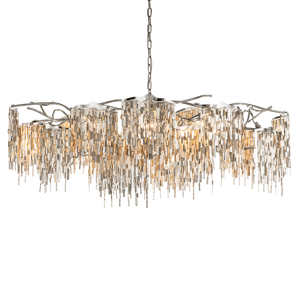Arthur Chandelier Oval with chrome finish and cascading clear and amber glass rods