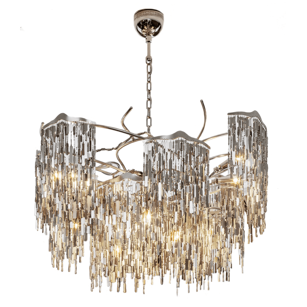 Arthur Chandelier Round with polished chrome finish and dangling glass rods, shimmering when lit