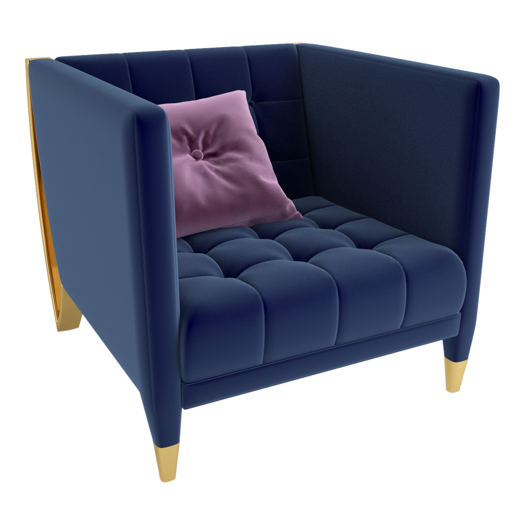 Royal blue velvet Ascot Chair with gold accents, pink throw pillow, and leg steel features