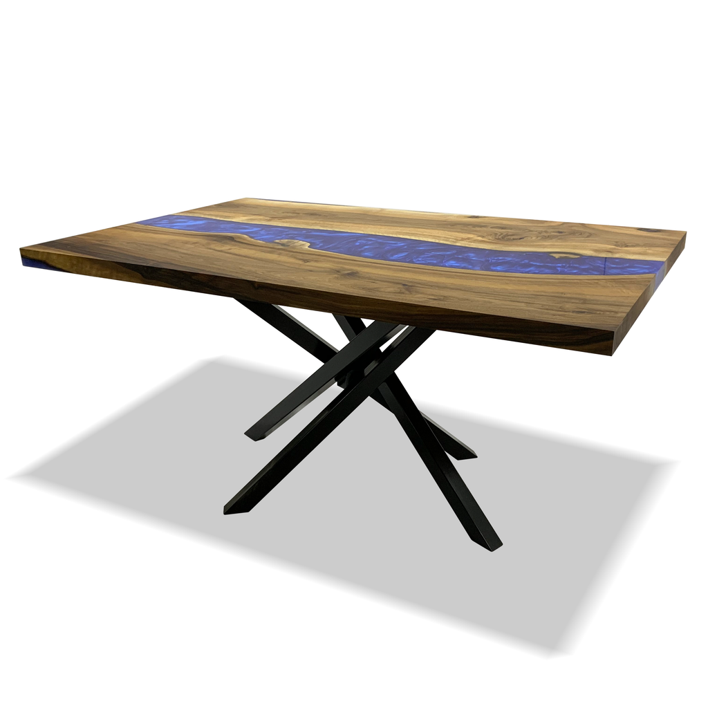 Astrea Walnut Wood River Dining Table with blue epoxy resin river and black metal legs