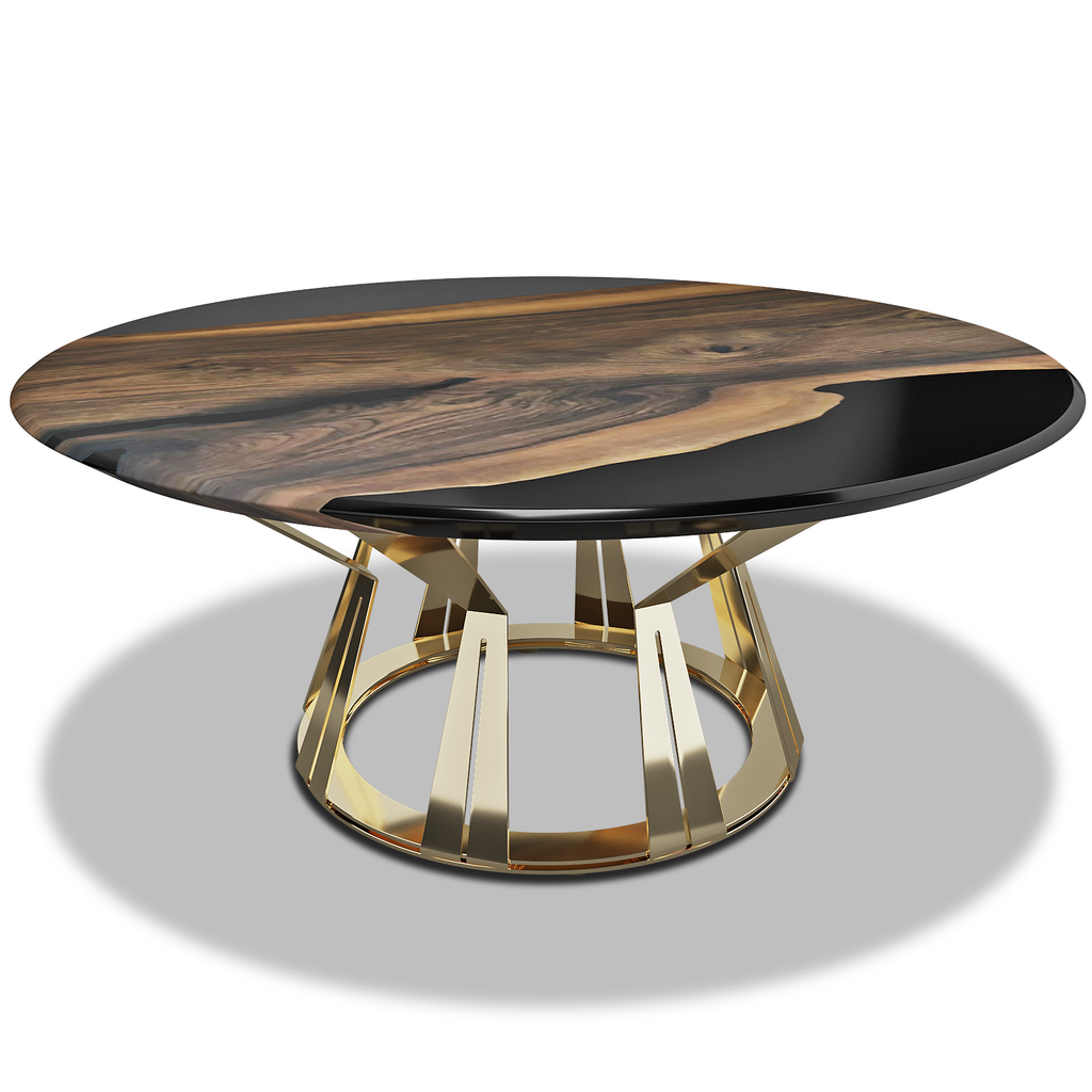Atalante Walnut Wood Coffee Table with round dark wood top and gold metal base