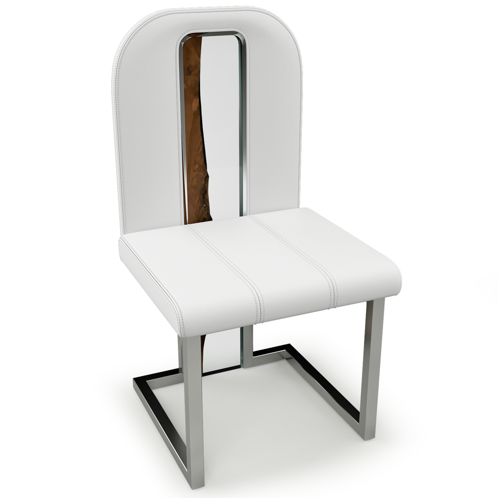 Atrani Dining Chair with white seat, polished chrome frame, and wooden back insert