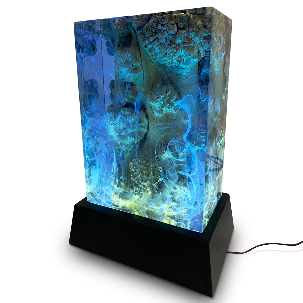 Aura Ocean Cube Lamp with resin and wood design and internal blue green illumination