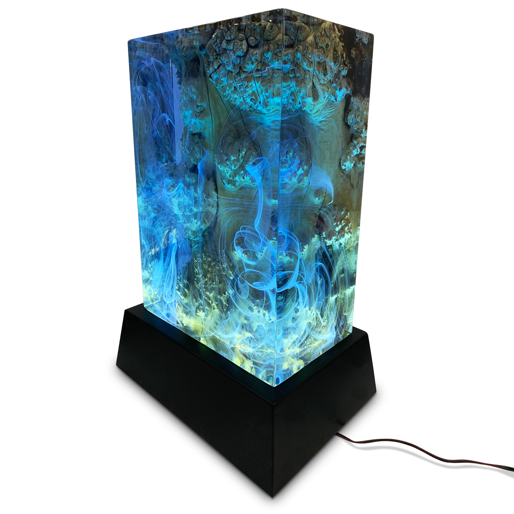 Aura Ocean Cube Lamp with clear resin and blue green swirls on black base