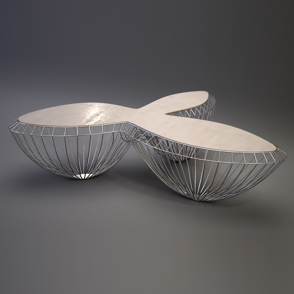 Modern wireframe Balika Coffee Table with a light-colored, uniquely shaped top