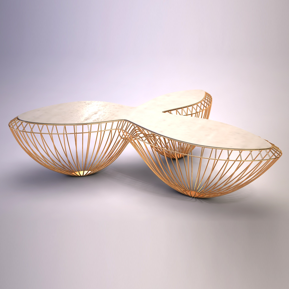 Modern gold wire Balika Coffee Table with white marble top and organic three-lobed shape