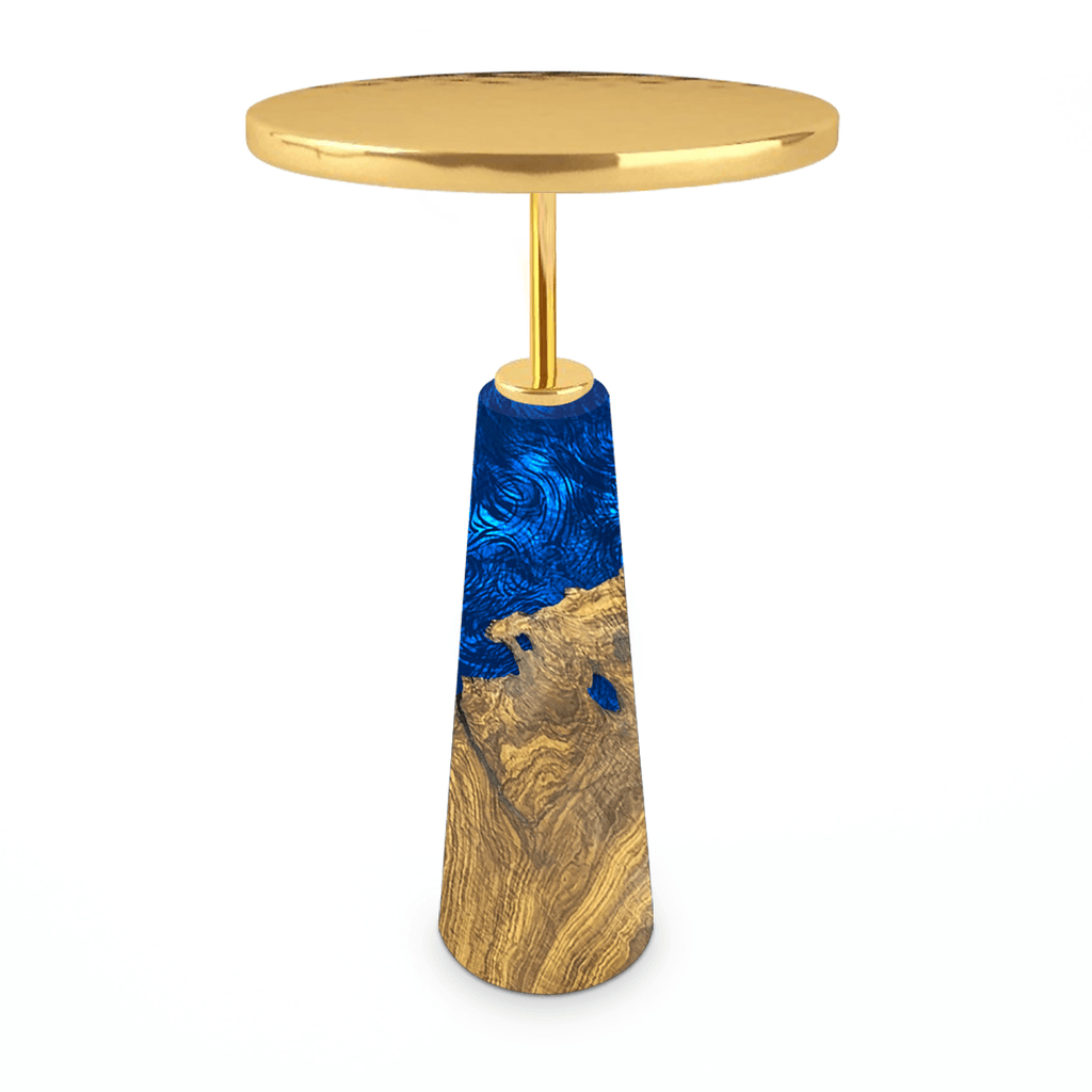 Bia End Table with gold metal top and blue resin conical base for modern living spaces