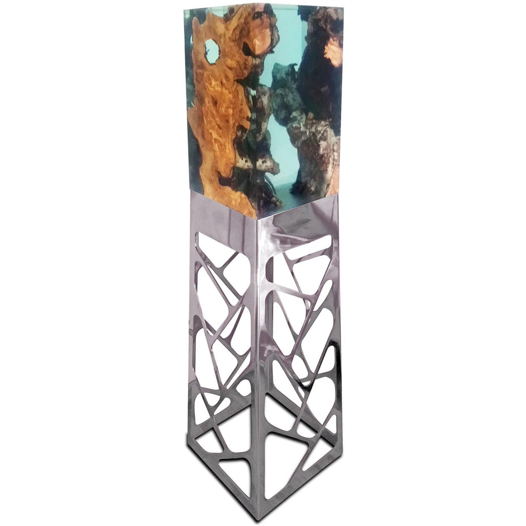 Big Ocean Cube Floor Lamp with geometric pedestal and clear resin top encasing natural wood