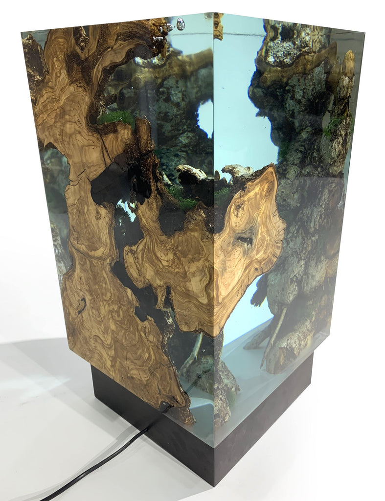 Big Ocean Cube Lamp featuring clear resin, natural wood, and rock inclusions on a dark base