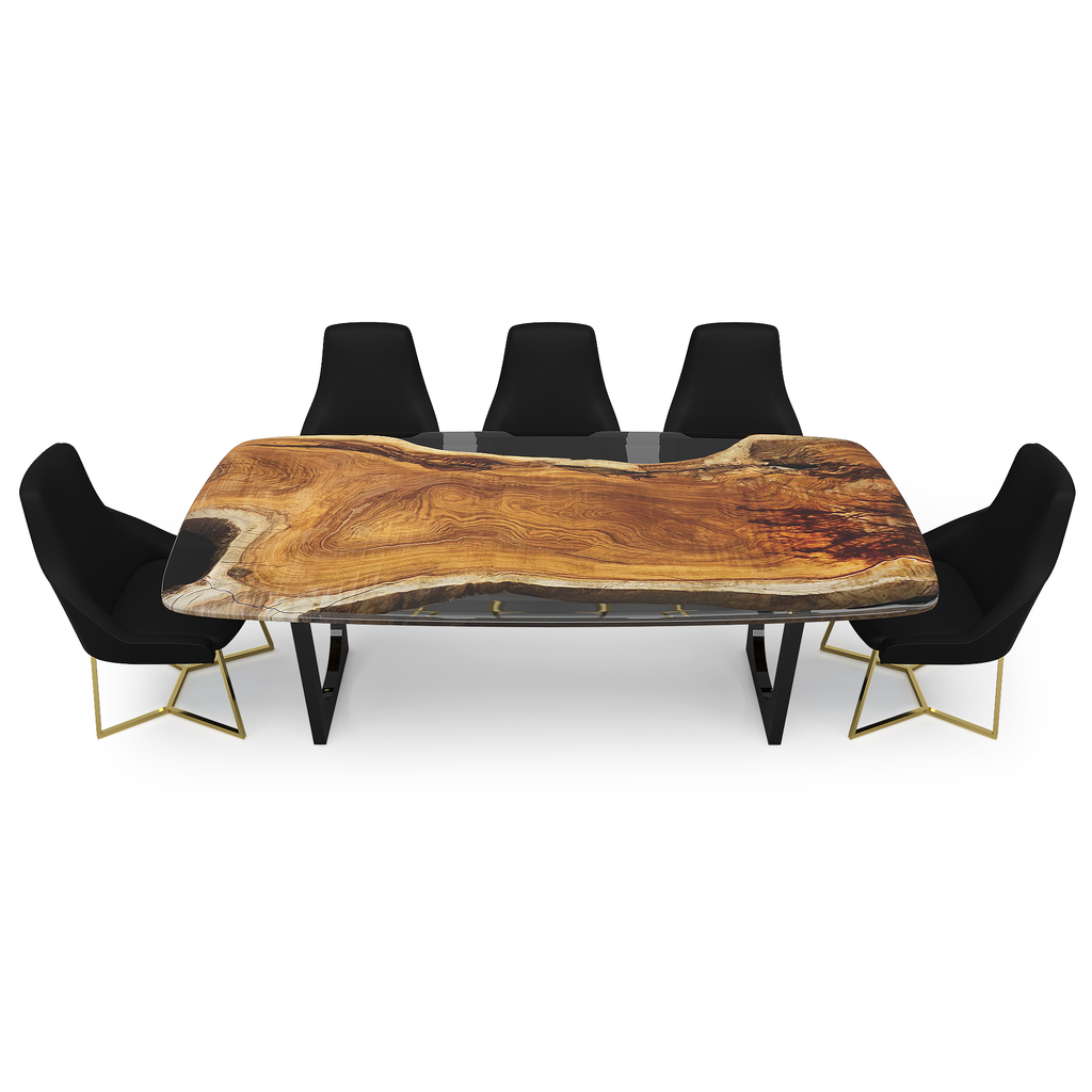 Battleship Gray Carna Walnut Dining Table with black upholstered chairs and gold bases