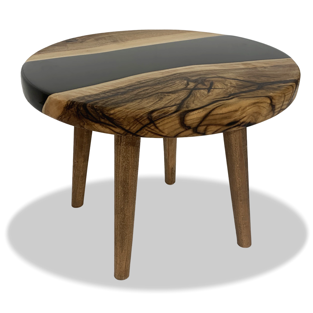 Black Gamba di Legno walnut wood coffee table with dark resin river and live edge legno walnut wood design