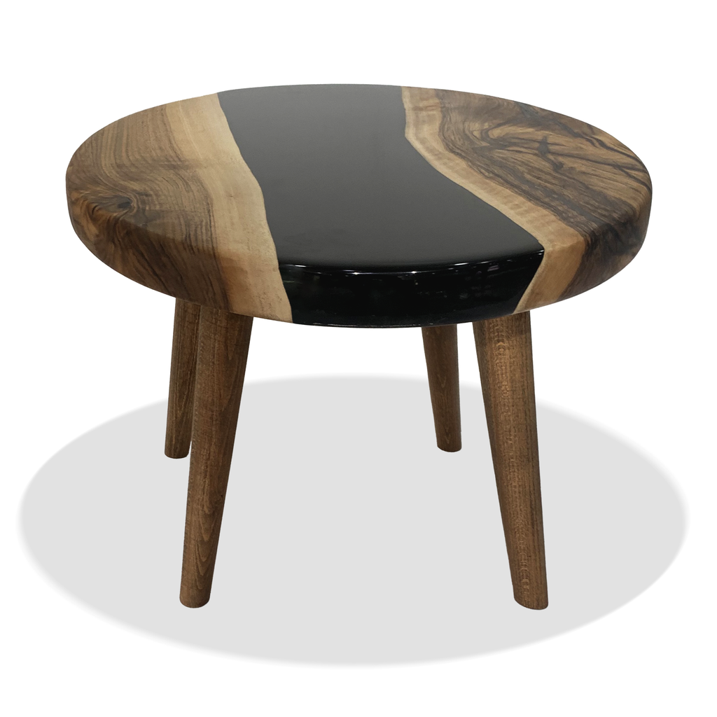 Black Gamba di Legno walnut wood coffee table with natural wood edge and black resin river