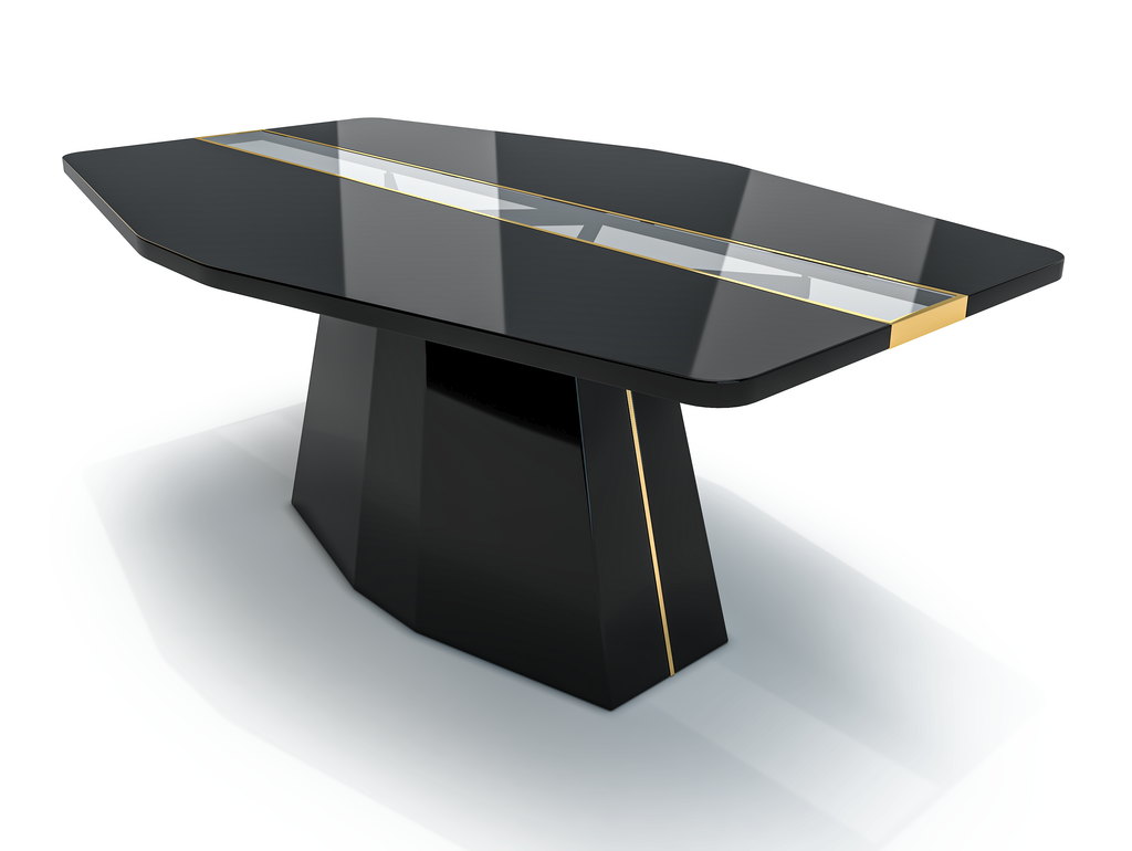 Black Line River Dining Table with glossy black finish, glass insert, and gold accents