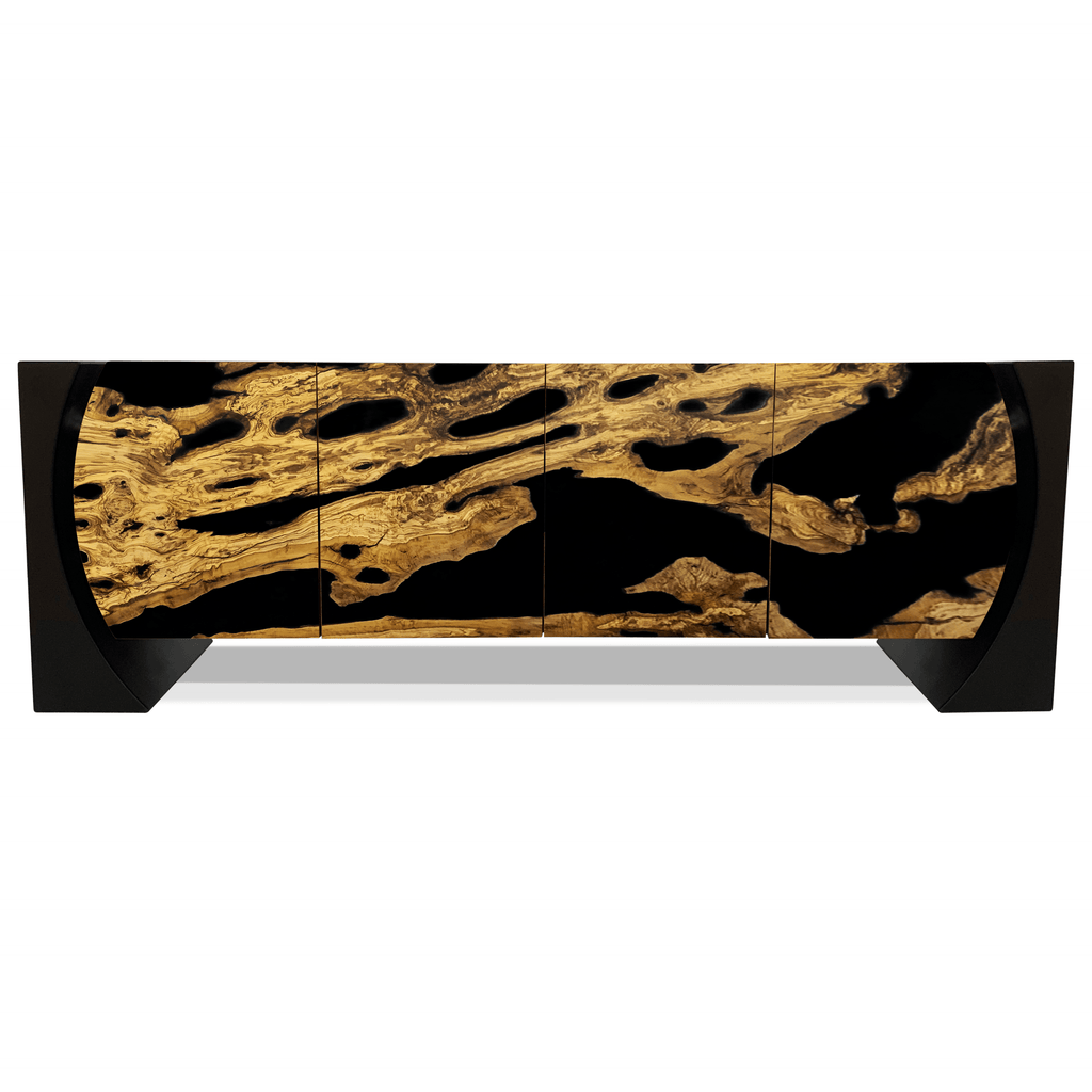 Black Loire Olive Wood Credenza with black sideboard and gold organic pattern front